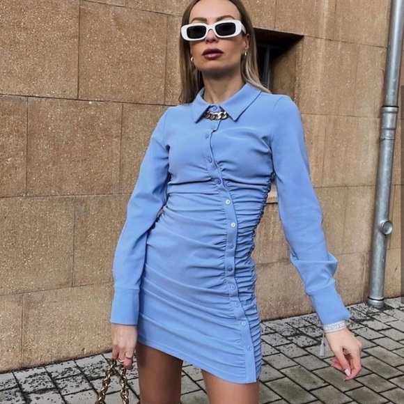 NWT Zara Asymmetric Draped Blue Shirt Dress M - Picture 1 of 15